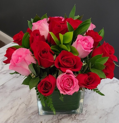 Half Dozen Red, Half Dozen Pink Roses, Arranged in Square Glass Cube. $119.99