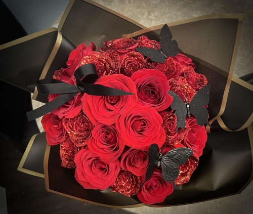 Dazzling Glitter Rose Bouquet! Need a truly head-turning look? Glitter roses are your go-to! Includes ribbon and butterfly accents.  $199.99 [Call for other colors and options]