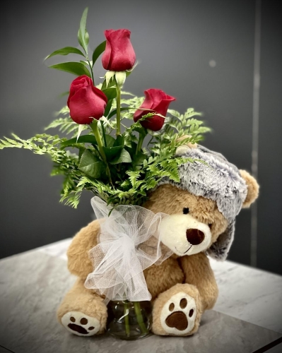 3 Red Roses with Teddy Bear